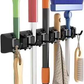 Guay Clean Broom and Mop Holder Wall Mounted Home Storage Utility Rack- Strong Grip Hangers with Foldable Hooks - Heavy Duty Shelf System Black