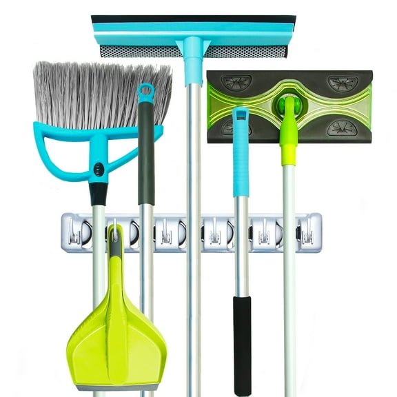 Guay Clean Broom and Mop Holder Wall Mounted Home Storage Utility Rack- Strong Grip Hangers with Foldable Hooks - Heavy Duty Shelf System