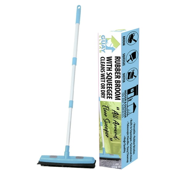 Guay Clean Rubber Broom with Squeegee - Telescopic Handle - Cleans Pet Hair Fur Dirt and Spills - for Household Floor Carpets Tiles Windows - Blue