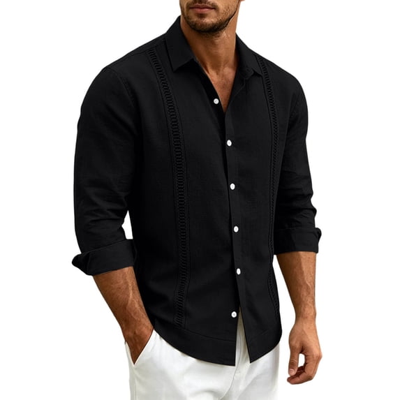 Guayabera Linen Shirts for Men Short Sleeve Button Down Shirt Hawaiian Shirt Hippie Summer Beach Vacation Shirts Black XXXL