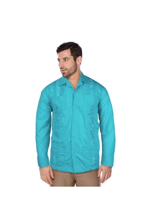 Guayabera Men's Cuban Beach Wedding Long Sleeve Button-Up Casual Dress Shirt (Attol Blue,2XL)