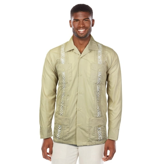 Guayabera Men's Cuban Beach Wedding Long Sleeve Button-Up Casual Dress Shirt (Beige,4XL)