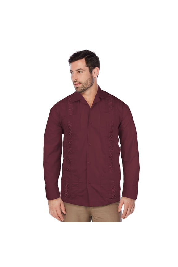 Guayabera Men's Cuban Beach Wedding Long Sleeve Button-Up Casual Dress Shirt (Burgundy,L)