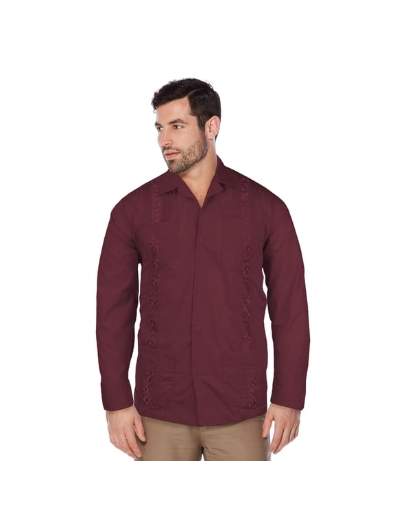 Guayabera Men's Cuban Beach Wedding Long Sleeve Button-Up Casual Dress Shirt (Burgundy,S)