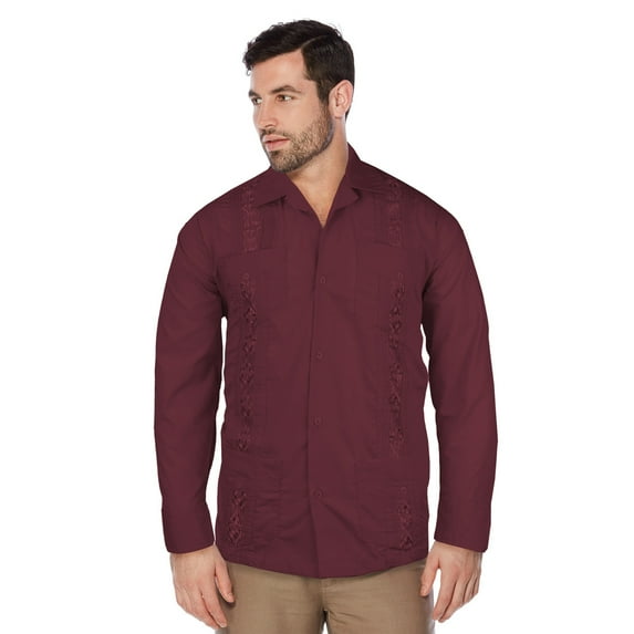 Guayabera Men's Cuban Beach Wedding Long Sleeve Button-Up Casual Dress Shirt (Burgundy,S)