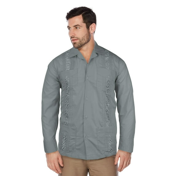 Guayabera Men's Cuban Beach Wedding Long Sleeve Button-Up Casual Dress Shirt (Grey,L)