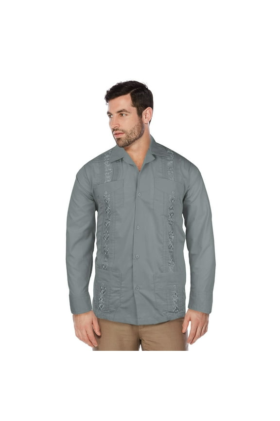 Guayabera Men's Cuban Beach Wedding Long Sleeve Button-Up Casual Dress Shirt (Grey,L)