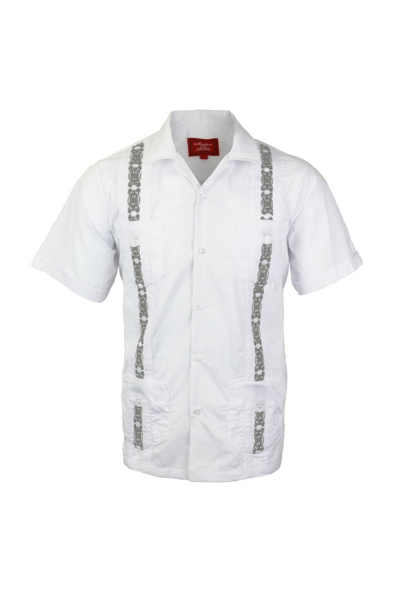 Guayabera Men's Cuban Beach Wedding Short Sleeve Button-Up Two Tone Dress Shirt (White/Light Gray, 4XL)