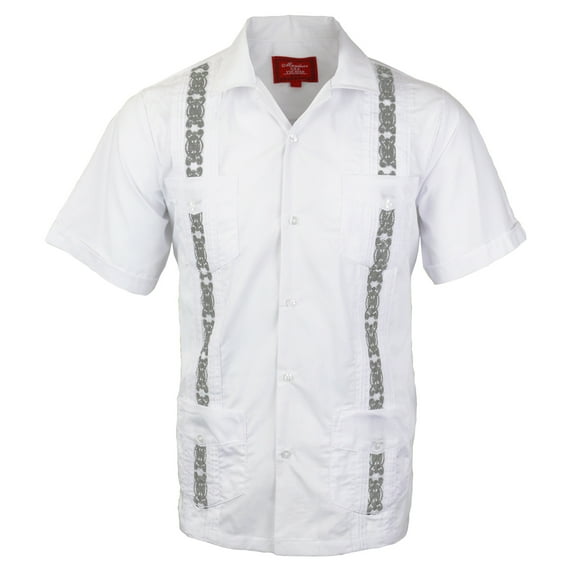 Guayabera Men's Cuban Beach Wedding Short Sleeve Button-Up Two Tone Dress Shirt (White/Light Gray, S)