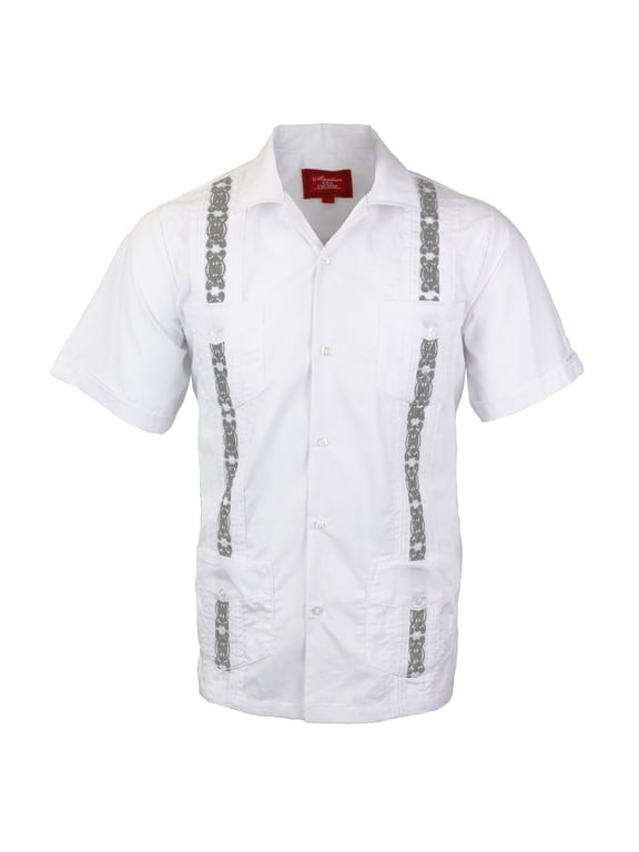 Guayabera Men's Cuban Beach Wedding Short Sleeve Button-Up Two Tone Dress Shirt (White/Light Gray, S)