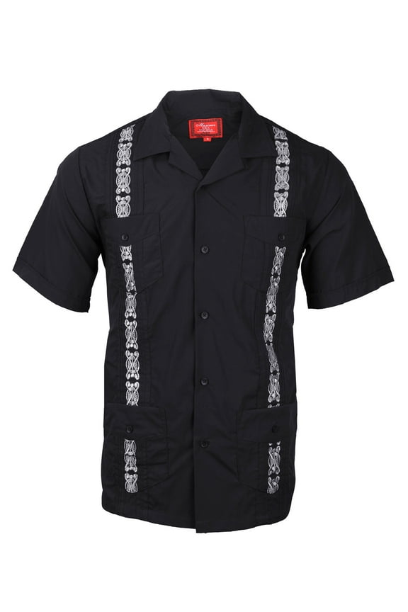 Guayabera Men's Cuban Beach Wedding Short Sleeve Button-Up Two Tone Dress Shirt (Black / White,L)