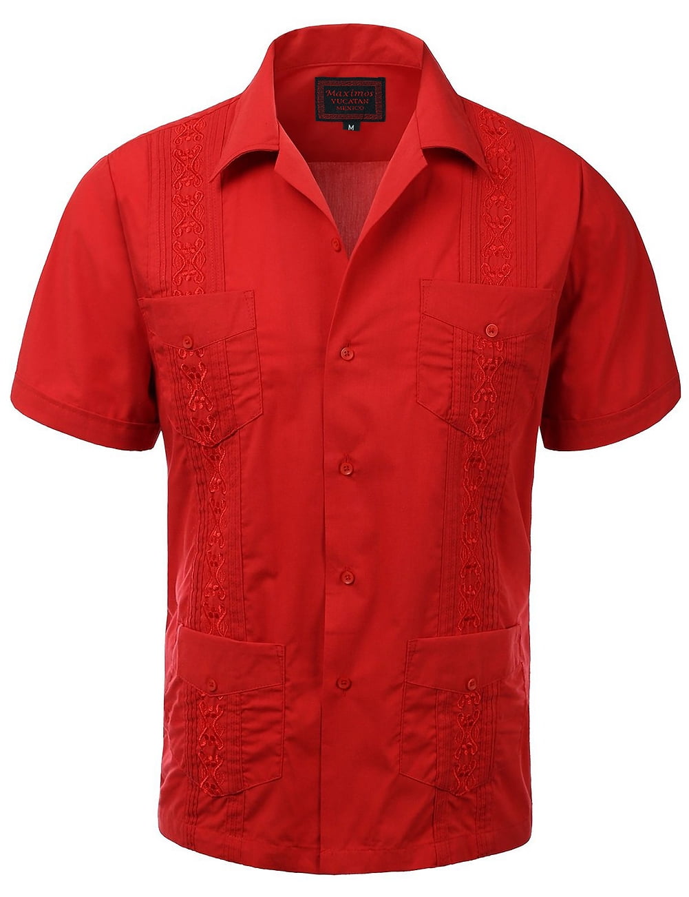 Guayabera Men's Cuban Beach Wedding Short Sleeve Casual Dress Shirt Red ...