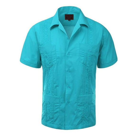 Guayabera Men's Cuban Beach Wedding Short Sleeve Casual Dress Shirt A Blue M