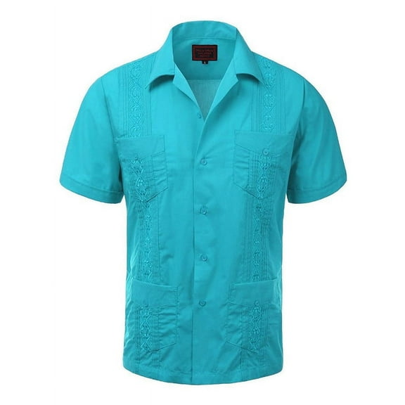 Guayabera Men's Cuban Beach Wedding Short Sleeve Casual Dress Shirt A Blue XL