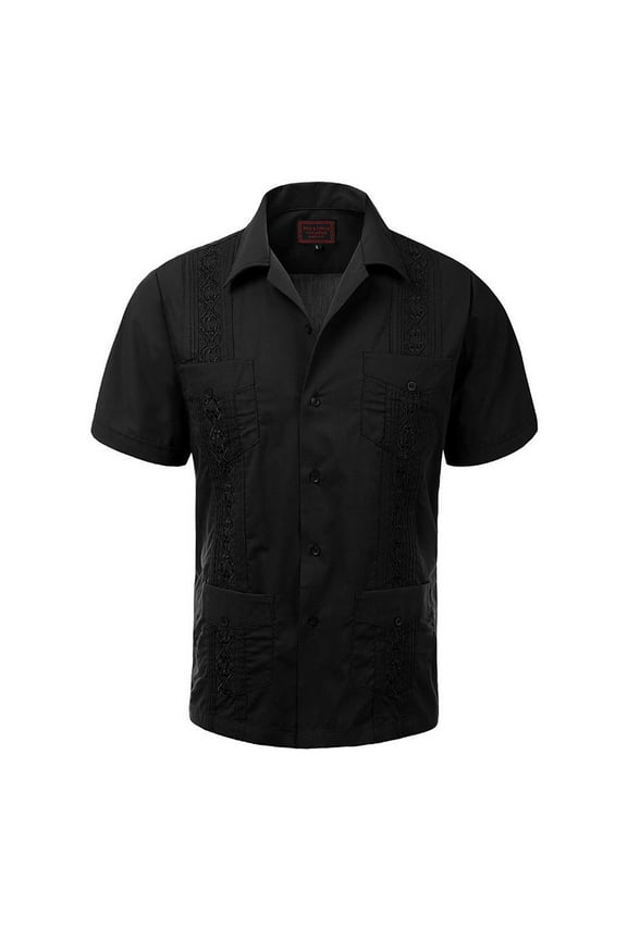 Guayabera Men's Cuban Beach Wedding Short Sleeve Casual Dress Shirt Black 2XL
