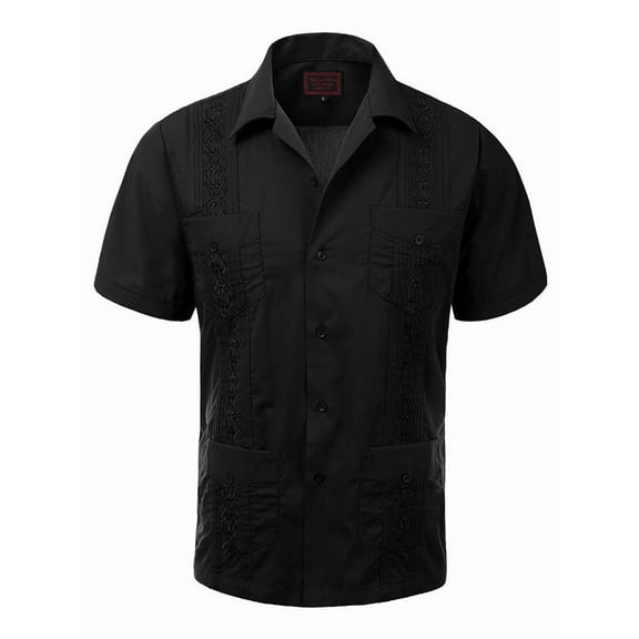Guayabera Men's Cuban Beach Wedding Short Sleeve Casual Dress Shirt Black 2XL