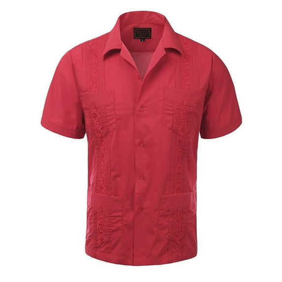 Guayabera Men's Cuban Beach Wedding Short Sleeve Casual Dress Shirt Coral 2XL