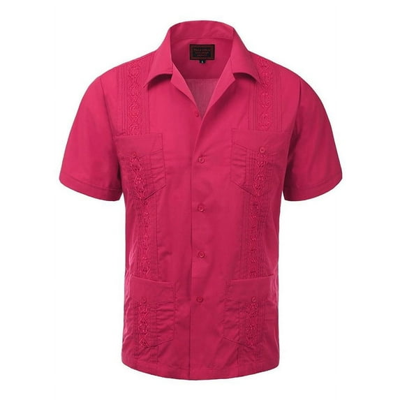 Guayabera Men's Cuban Beach Wedding Short Sleeve Casual Dress Shirt Coral L