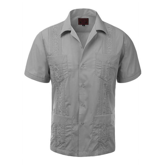 Guayabera Men's Cuban Beach Wedding Short Sleeve Casual Dress Shirt Grey 2XL