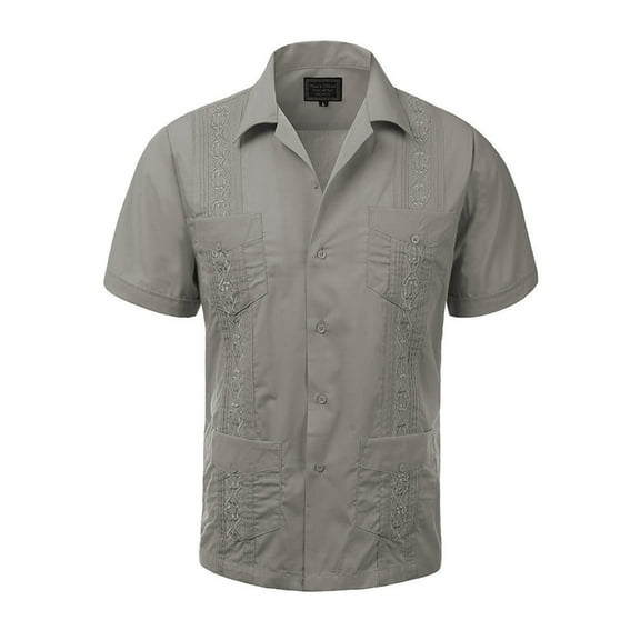 Guayabera Men's Cuban Beach Wedding Short Sleeve Casual Dress Shirt Grey 3XL