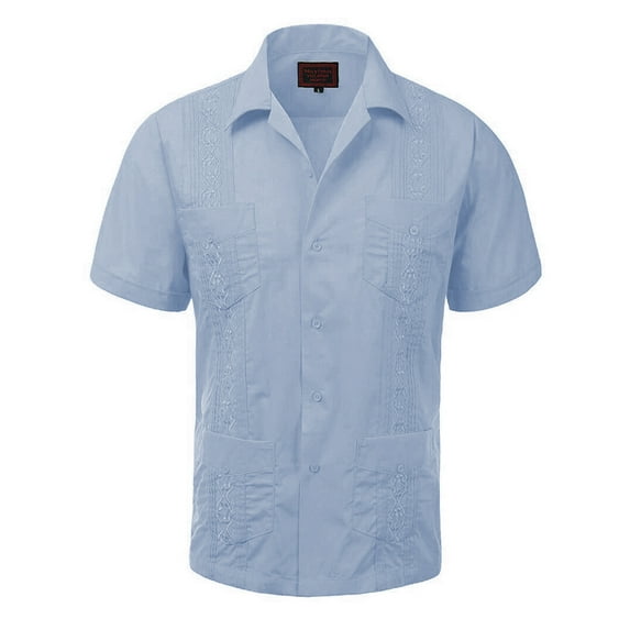 Guayabera Men's Cuban Beach Wedding Short Sleeve Casual Dress Shirt L Blue 2XL