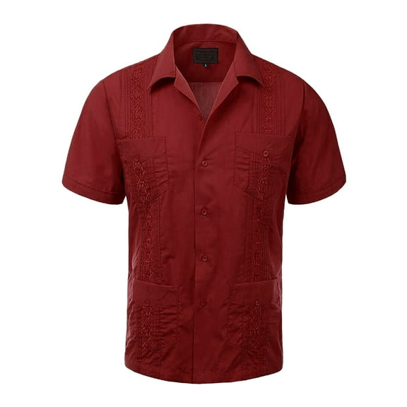 Guayabera Men's Cuban Beach Wedding Short Sleeve Casual Dress Shirt Red 2XL
