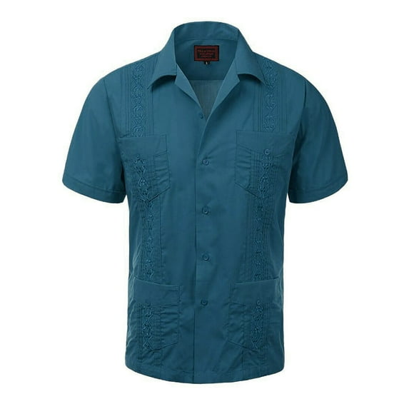 Guayabera Men's Cuban Beach Wedding Short Sleeve Casual Dress Shirt Teal L