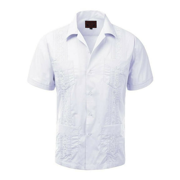 Guayabera Men's Cuban Beach Wedding Short Sleeve Casual Dress Shirt White S