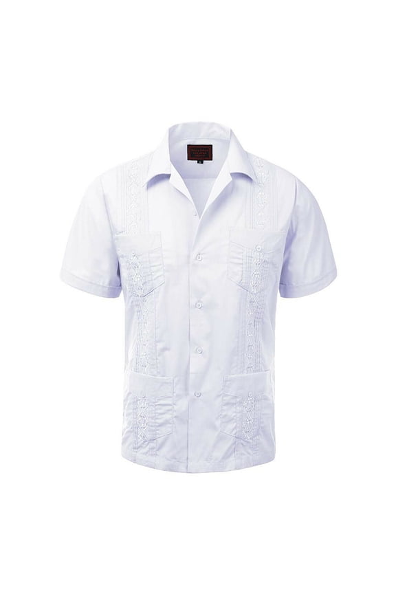 Guayabera Men's Cuban Beach Wedding Short Sleeve Casual Dress Shirt White S