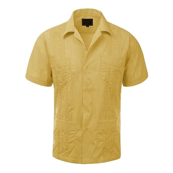 Guayabera Men's Cuban Beach Wedding Short Sleeve Casual Dress Shirt Yellow 3XL