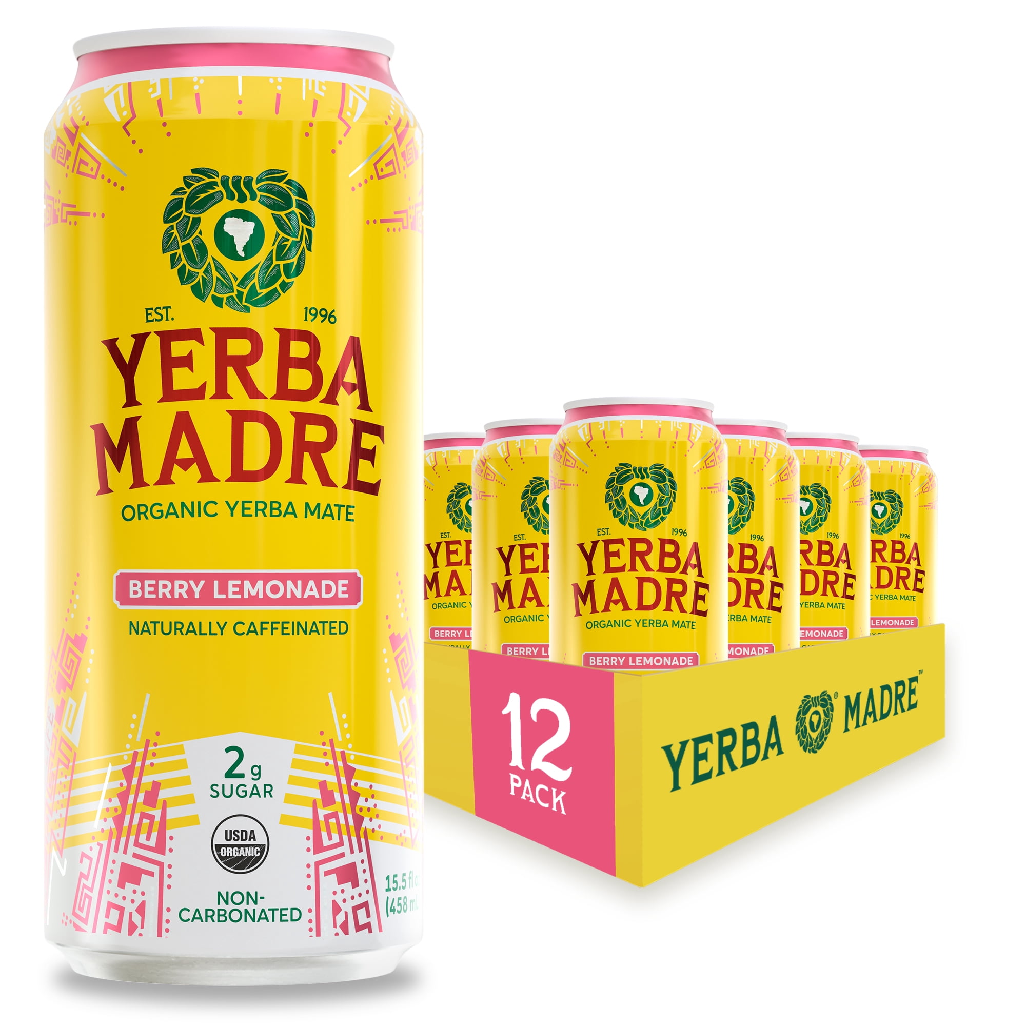 Yerba Madre Organic Yerba Mate, Low Sugar Berry Lemonade, Energy Drink Alternative, 150mg Natural Plant Based Caffeine, 15.5oz Cans (Pack of 12)