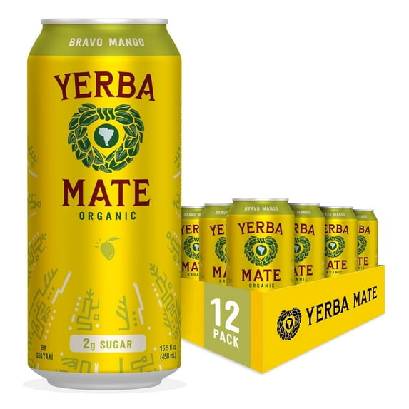 Guayakí Yerba Mate, Organic Energy Drink Alternative, Bravo Mango, Low Sugar, 150mg Natural Caffeine, Better for You Energy & Focus, No Jitters or Crash, 15.5 Oz (Pack of 12)