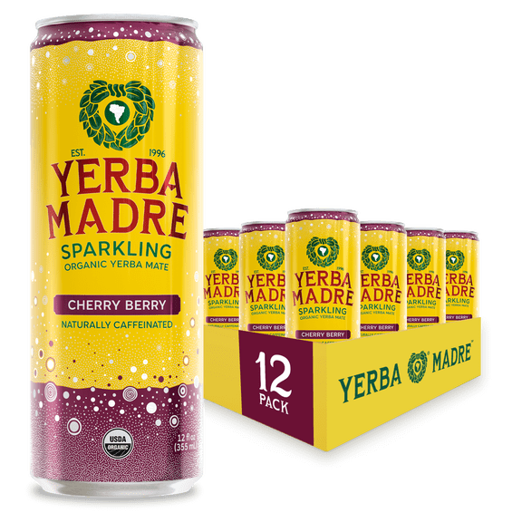 Yerba Madre Organic Sparkling Yerba Mate, Cherry Berry, Energy Drink Alternative, 115mg Natural Plant Based Caffeine, 12oz Cans (Pack of 12)
