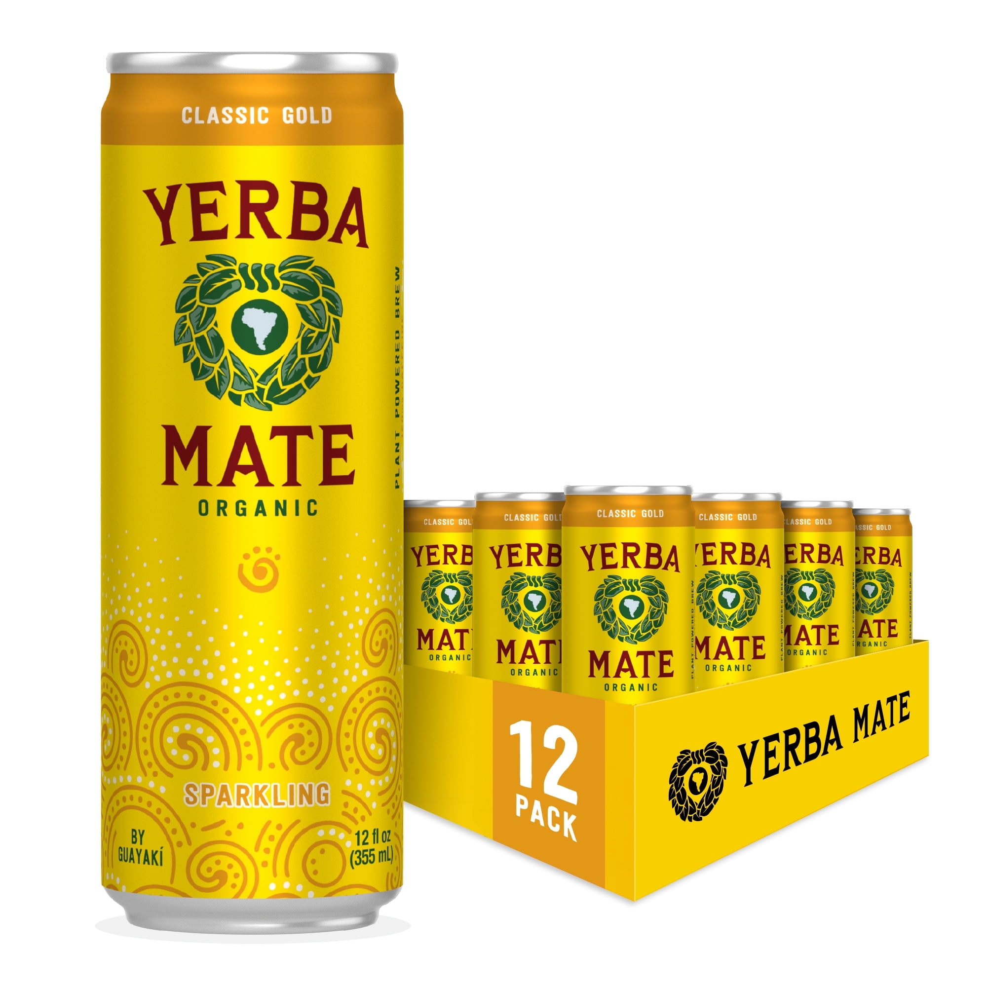 Guayakí Yerba Mate, Organic Sparkling Classic Gold, 80mg Natural Plant Based Caffeine, Smooth Energy & Focus, Carbonated, 12 Oz (Pack of 12)