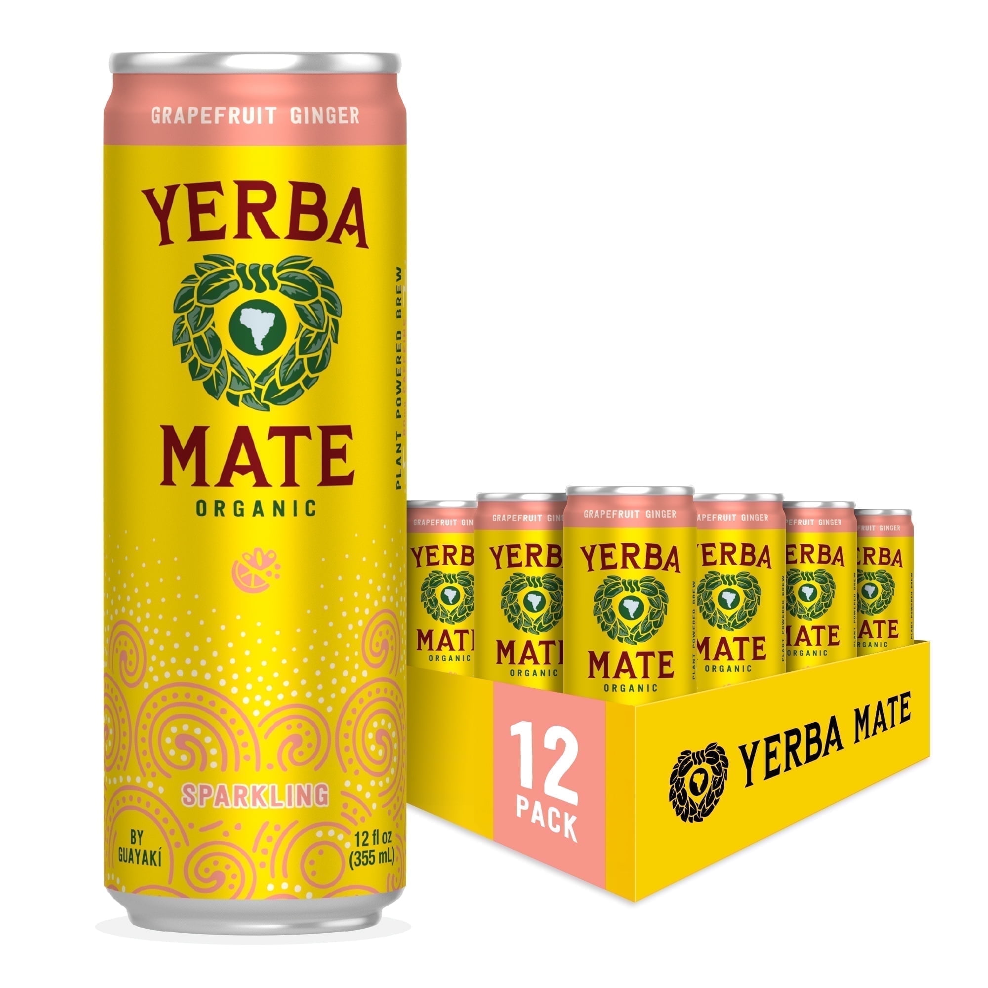 Guayak Yerba Mate, Organic Sparkling Energy Drink Alternative, Grapefruit Ginger, 80mg Natural Plant Based Caffeine, Smooth Energy & Focus, Carbonated, 12 Oz (Pack of 12)