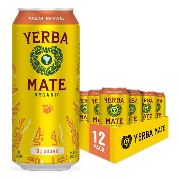 Guayak Yerba Mate, Organic Energy Drink Alternative, Peach Revival, Low Sugar, 150mg Natural Plant Based Caffeine, Smooth Energy & Focus, No Jitters or Crash, 15.5 Oz (Pack of 12)
