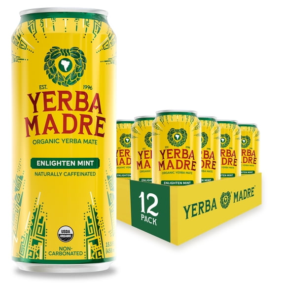 Yerba Madre Organic Yerba Mate, Enlighten Mint, Energy Drink Alternative, 150mg Natural Plant Based Caffeine, 15.5oz Cans (Pack of 12)
