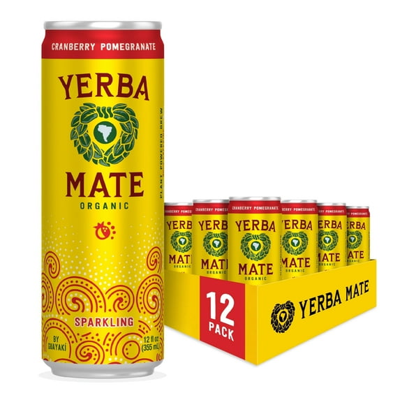 Guayakí Yerba Mate, Organic Sparkling Cranberry Pomegranate, 80mg Natural Plant Based Caffeine, Smooth Energy & Focus, Carbonated, 12 Oz (Pack of 12)
