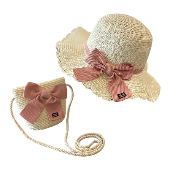 Gubotare 2 Pcs Little Girls Straw Hat Floppy Summer Lace Beach Cap with Woven Pocket Bag Outdoor Baby Sun Protection Hats Packable Cap (White,Size 2-8 Years)