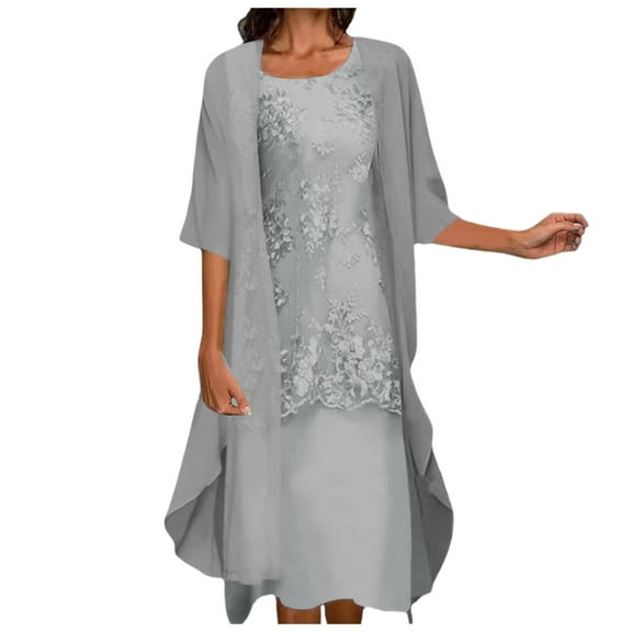 Gubotare 2 Piece Mother of the Bride Dresses Chiffon Lace Formal Wedding Guest Dress Long Sleeved Cardigan Layered Ruffles A Line Midi Dresses Party Matching Set,Grey M
