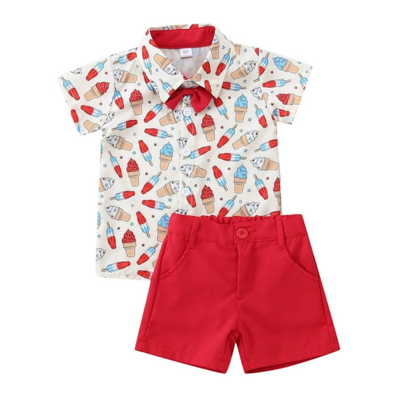 Gubotare 4th Of July Baby Boy Outfit Toddler Gentleman Button Down Shirt Tops Shorts Fourth Of July Clothes 3pc set 3 6 9 12 18 24 Months 2T 3T 4T,Red 3-4 Years