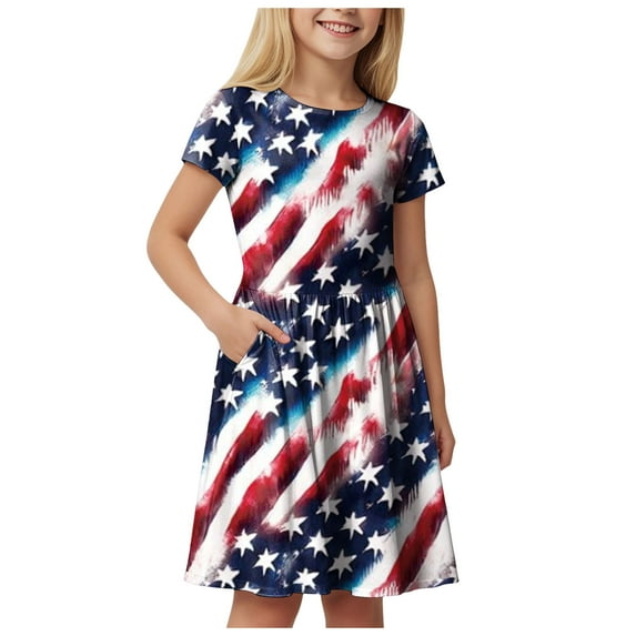 Gubotare 4th of July Dress for Girls Dress for Girls Button Down Floral Print Bowknot Ruffle Short Sleeve Casual Swing Dresses (Blue,Size 7-8 Years)