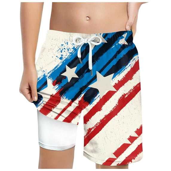 Gubotare 4th of July Swim Shorts for Boys Boys Swim Trunks Swim Shorts Quick Dry Bathing Suit Swimwear (Light Blue,Size 6-7 Years)
