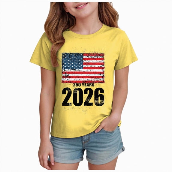 Gubotare 4th of July T Shirts for Kids Girls July 4th American Flag T Shirts Crop Top Short Sleeve Shirt Tee Size 7-8 (Yellow,7-8 Years)
