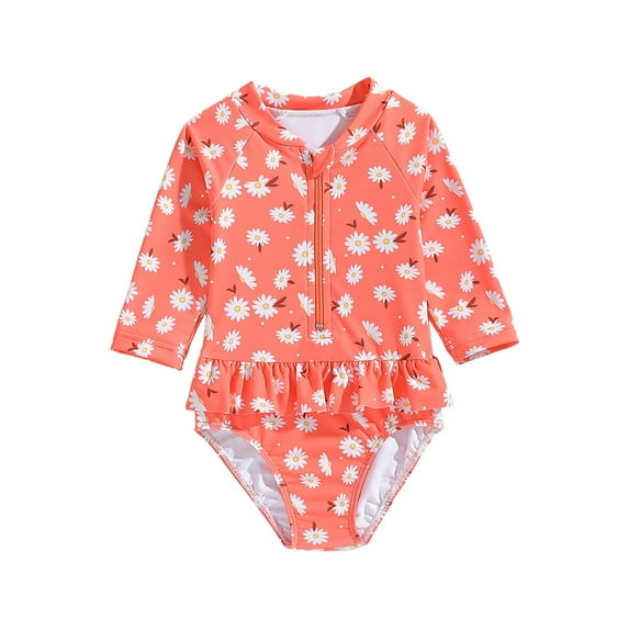 Gubotare Baby Bathing Suit Kids Girls Rashguard Swimsuit UV 50+ Long Sleeve One Piece Swimwear Zip Size 4-5T (Orange,4-5 Years)