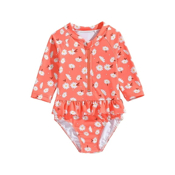 Gubotare Baby Bathing Suit Kids Girls Rashguard Swimsuit UV 50+ Long Sleeve One Piece Swimwear Zip Size 4-5T (Orange,4-5 Years)