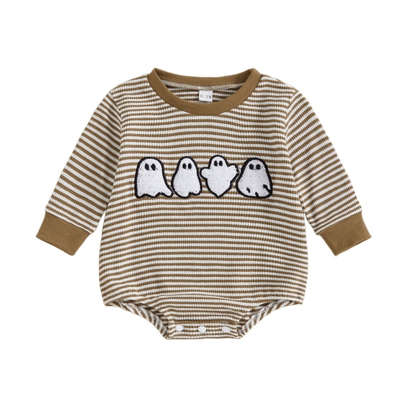 Gubotare Baby Boy Bodysuits Long Sleeve Waffle-Knit Bodysuits - Halloween Spooky Ghost Embroidery & Striped Bodysuits for Baby Boys(White,0-3 Months)