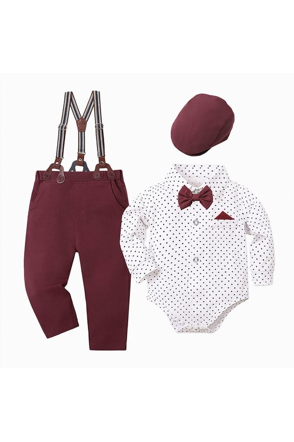 Baby Boy Clothes Suit 0-24M Boys Baptism Easter Outfits Baby Shirt+Bow Tie+Pants+Suspenders 4Pcs Christmas Wedding Set (Red, 6-12 Months)