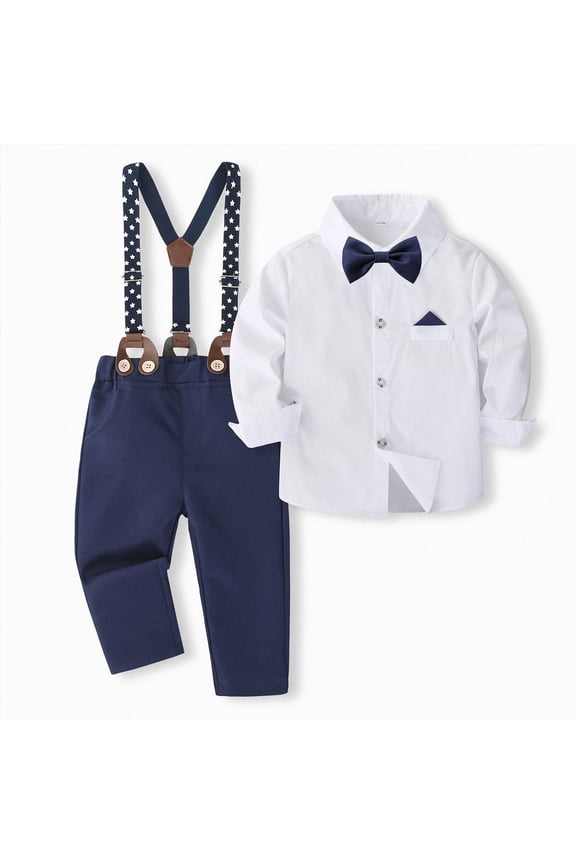 Baby Boy Clothes Suits 0-24M Infant Gentleman Outfit Long Sleeve Dress Shirt+Suspender Pants+Bowtie+Beret Wedding Set (White, 12-18 Months)
