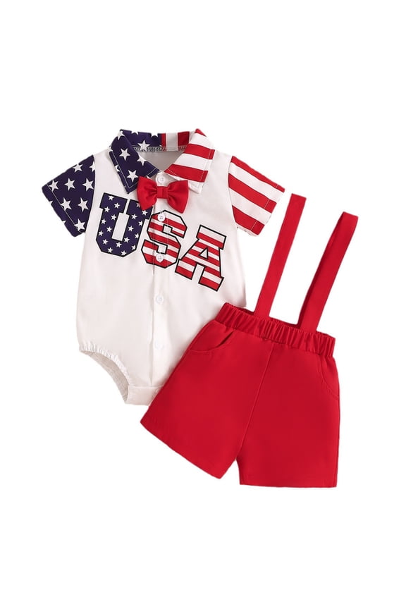 Baby Boy Clothes Suits Short Sleeve Top+Bowtie+Suspender Shorts Summer Gentleman 4th of July Outfits 0 3 6 12 18 24 Months (White,18-24 Months)